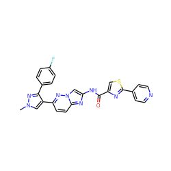 Cn1cc(-c2ccc3nc(NC(=O)c4csc(-c5ccncc5)n4)cn3n2)c(-c2ccc(F)cc2)n1 ZINC001772599433