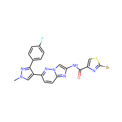 Cn1cc(-c2ccc3nc(NC(=O)c4csc(Br)n4)cn3n2)c(-c2ccc(F)cc2)n1 ZINC001772633943