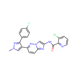 Cn1cc(-c2ccc3nc(NC(=O)c4ncccc4Cl)cn3n2)c(-c2ccc(F)cc2)n1 ZINC001772643780