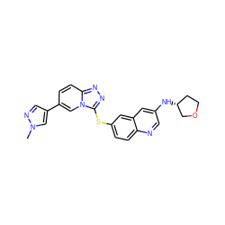 Cn1cc(-c2ccc3nnc(Sc4ccc5ncc(N[C@@H]6CCOC6)cc5c4)n3c2)cn1 ZINC000219866639