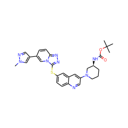 Cn1cc(-c2ccc3nnc(Sc4ccc5ncc(N6CCC[C@H](NC(=O)OC(C)(C)C)C6)cc5c4)n3c2)cn1 ZINC000144126741