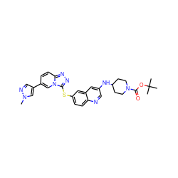 Cn1cc(-c2ccc3nnc(Sc4ccc5ncc(NC6CCN(C(=O)OC(C)(C)C)CC6)cc5c4)n3c2)cn1 ZINC000261091876