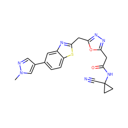 Cn1cc(-c2ccc3sc(Cc4nnc(CC(=O)NC5(C#N)CC5)o4)nc3c2)cn1 ZINC000072315520