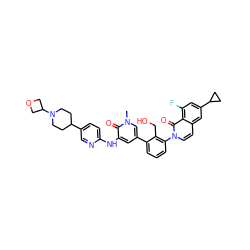 Cn1cc(-c2cccc(-n3ccc4cc(C5CC5)cc(F)c4c3=O)c2CO)cc(Nc2ccc(C3CCN(C4COC4)CC3)cn2)c1=O ZINC000221747087