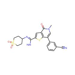 Cn1cc(-c2cccc(C#N)c2)c2sc(/C(N)=N/C3CCS(=O)(=O)CC3)cc2c1=O ZINC000653693887