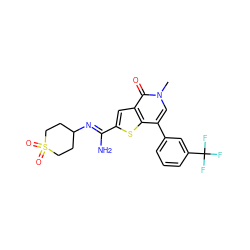 Cn1cc(-c2cccc(C(F)(F)F)c2)c2sc(/C(N)=N/C3CCS(=O)(=O)CC3)cc2c1=O ZINC000231374627