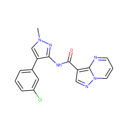 Cn1cc(-c2cccc(Cl)c2)c(NC(=O)c2cnn3cccnc23)n1 ZINC000095571832