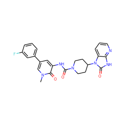 Cn1cc(-c2cccc(F)c2)cc(NC(=O)N2CCC(n3c(=O)[nH]c4ncccc43)CC2)c1=O ZINC000029128485