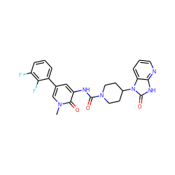 Cn1cc(-c2cccc(F)c2F)cc(NC(=O)N2CCC(n3c(=O)[nH]c4ncccc43)CC2)c1=O ZINC000029128480