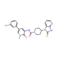 Cn1cc(-c2cccc(O)c2)cc(NC(=O)N2CCC(n3c(=O)[nH]c4ncccc43)CC2)c1=O ZINC000029128646