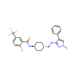 Cn1cc(-c2ccccc2)c(NC[C@H]2CC[C@H](NC(=O)c3cc(C(F)(F)F)ccc3Cl)CC2)n1 ZINC000261162787