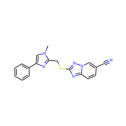 Cn1cc(-c2ccccc2)nc1CSc1nc2ccc(C#N)cn2n1 ZINC000113422980