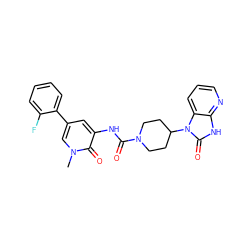 Cn1cc(-c2ccccc2F)cc(NC(=O)N2CCC(n3c(=O)[nH]c4ncccc43)CC2)c1=O ZINC000029128537