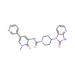 Cn1cc(-c2cccnc2)cc(NC(=O)N2CCC(n3c(=O)[nH]c4ncccc43)CC2)c1=O ZINC000029128589