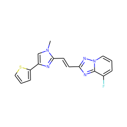 Cn1cc(-c2cccs2)nc1/C=C/c1nc2c(F)cccn2n1 ZINC000117850970