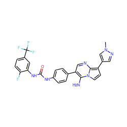 Cn1cc(-c2ccn3c(N)c(-c4ccc(NC(=O)Nc5cc(C(F)(F)F)ccc5F)cc4)cnc23)cn1 ZINC000040395660