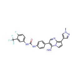 Cn1cc(-c2ccn3c(N)c(-c4ccc(NC(=O)Nc5ccc(F)c(C(F)(F)F)c5)cc4)cnc23)cn1 ZINC000040894851