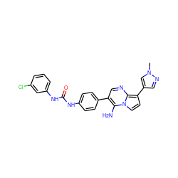 Cn1cc(-c2ccn3c(N)c(-c4ccc(NC(=O)Nc5cccc(Cl)c5)cc4)cnc23)cn1 ZINC000040836462