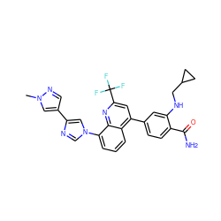 Cn1cc(-c2cn(-c3cccc4c(-c5ccc(C(N)=O)c(NCC6CC6)c5)cc(C(F)(F)F)nc34)cn2)cn1 ZINC000145588710