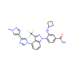 Cn1cc(-c2cn(-c3cccc4c3c(C(F)(F)F)nn4-c3ccc(C(N)=O)cc3NC3CCC3)cn2)cn1 ZINC000222997194