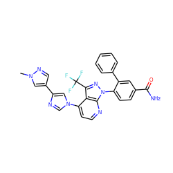 Cn1cc(-c2cn(-c3ccnc4c3c(C(F)(F)F)nn4-c3ccc(C(N)=O)cc3-c3ccccc3)cn2)cn1 ZINC000169703575