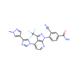 Cn1cc(-c2cn(-c3ccnc4c3c(C(F)(F)F)nn4-c3ccc(C(N)=O)cc3C#N)cn2)cn1 ZINC000169703572