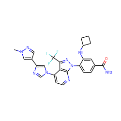 Cn1cc(-c2cn(-c3ccnc4c3c(C(F)(F)F)nn4-c3ccc(C(N)=O)cc3NC3CCC3)cn2)cn1 ZINC000169703567