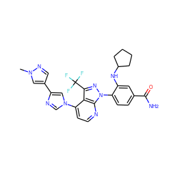 Cn1cc(-c2cn(-c3ccnc4c3c(C(F)(F)F)nn4-c3ccc(C(N)=O)cc3NC3CCCC3)cn2)cn1 ZINC000169703568