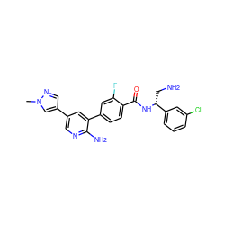 Cn1cc(-c2cnc(N)c(-c3ccc(C(=O)N[C@H](CN)c4cccc(Cl)c4)c(F)c3)c2)cn1 ZINC001772584184