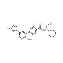 Cn1cc(-c2cnc(N)c(-c3ccc(C(=O)N[C@H](CO)C4CCCCC4)c(F)c3)c2)cn1 ZINC001772657769