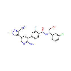 Cn1cc(-c2cnc(N)c(-c3ccc(C(=O)N[C@H](CO)c4cccc(Cl)c4)c(F)c3)c2)c(C#N)n1 ZINC001772654953