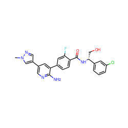 Cn1cc(-c2cnc(N)c(-c3ccc(C(=O)N[C@H](CO)c4cccc(Cl)c4)c(F)c3)c2)cn1 ZINC001772581891