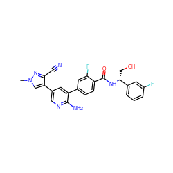 Cn1cc(-c2cnc(N)c(-c3ccc(C(=O)N[C@H](CO)c4cccc(F)c4)c(F)c3)c2)c(C#N)n1 ZINC001772592944