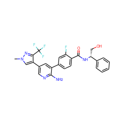 Cn1cc(-c2cnc(N)c(-c3ccc(C(=O)N[C@H](CO)c4ccccc4)c(F)c3)c2)c(C(F)(F)F)n1 ZINC001772608021