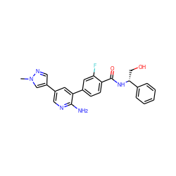 Cn1cc(-c2cnc(N)c(-c3ccc(C(=O)N[C@H](CO)c4ccccc4)c(F)c3)c2)cn1 ZINC001772599728