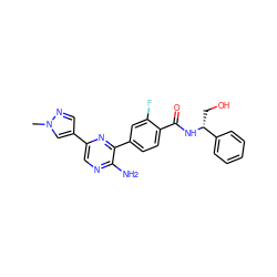 Cn1cc(-c2cnc(N)c(-c3ccc(C(=O)N[C@H](CO)c4ccccc4)c(F)c3)n2)cn1 ZINC001772632153