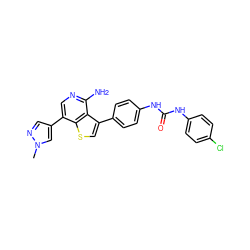 Cn1cc(-c2cnc(N)c3c(-c4ccc(NC(=O)Nc5ccc(Cl)cc5)cc4)csc23)cn1 ZINC000084633588