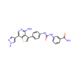 Cn1cc(-c2cnc(N)c3c(-c4ccc(NC(=O)Nc5cccc(C(N)=O)c5)cc4)csc23)cn1 ZINC000084635967