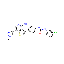 Cn1cc(-c2cnc(N)c3c(-c4ccc(NC(=O)Nc5cccc(Cl)c5)cc4)csc23)cn1 ZINC000084633587