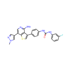 Cn1cc(-c2cnc(N)c3c(-c4ccc(NC(=O)Nc5cccc(F)c5)cc4)csc23)cn1 ZINC000063298092