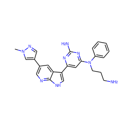 Cn1cc(-c2cnc3[nH]cc(-c4cc(N(CCCN)c5ccccc5)nc(N)n4)c3c2)cn1 ZINC000169700773