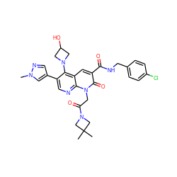 Cn1cc(-c2cnc3c(cc(C(=O)NCc4ccc(Cl)cc4)c(=O)n3CC(=O)N3CC(C)(C)C3)c2N2CC(O)C2)cn1 ZINC000221753148