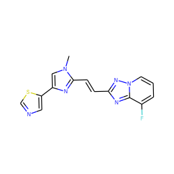 Cn1cc(-c2cncs2)nc1/C=C/c1nc2c(F)cccn2n1 ZINC000117868180