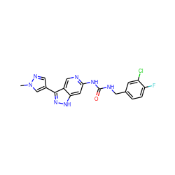 Cn1cc(-c2n[nH]c3cc(NC(=O)NCc4ccc(F)c(Cl)c4)ncc23)cn1 ZINC000205450654