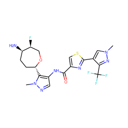 Cn1cc(-c2nc(C(=O)Nc3cnn(C)c3[C@@H]3CC[C@@H](N)[C@@H](F)CO3)cs2)c(C(F)(F)F)n1 ZINC000216887284