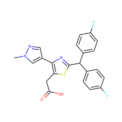 Cn1cc(-c2nc(C(c3ccc(F)cc3)c3ccc(F)cc3)sc2CC(=O)O)cn1 ZINC000045385722