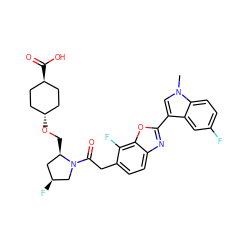 Cn1cc(-c2nc3ccc(CC(=O)N4C[C@@H](F)C[C@H]4CO[C@H]4CC[C@H](C(=O)O)CC4)c(F)c3o2)c2cc(F)ccc21 ZINC000254112258