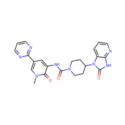 Cn1cc(-c2ncccn2)cc(NC(=O)N2CCC(n3c(=O)[nH]c4ncccc43)CC2)c1=O ZINC000029128752