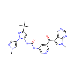 Cn1cc(-n2nc(C(C)(C)C)cc2NC(=O)Nc2cncc(C(=O)c3cn(C)c4ncncc34)c2)cn1 ZINC000169686335