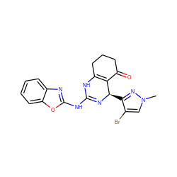 Cn1cc(Br)c([C@H]2N=C(Nc3nc4ccccc4o3)NC3=C2C(=O)CCC3)n1 ZINC000139365426